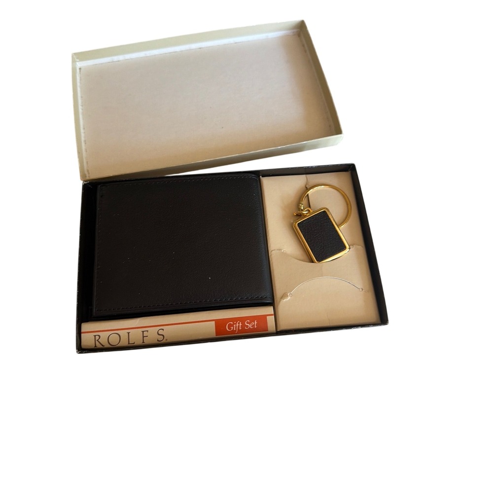 Rolfs Wallet Keychain Gift Set Black Leather Vintage Bifold Gold Tone Hardware